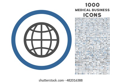 Globe rounded vector bicolor icon with 1000 medical business icons. Set style is flat pictograms, cobalt and gray colors, white background.