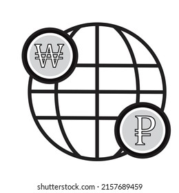 A globe with Russian ruble and Korean won sign.  A concept of global currency exchange. Financial trade illustration, icon , vector 