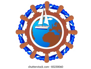 Globe, sailing yacht and ship wheel on a background of abstract waves.