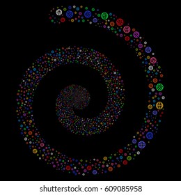 Globe salute whirlpool spiral. Vector bright multicolored scattered pictographs.