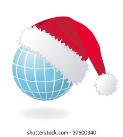 Globe with Santa's red hat. Vector illustration