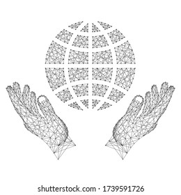 Globe, a schematic representation of the meridians and parallels and two holding, protecting hands from abstract futuristic polygonal black lines and dots. Vector illustration.