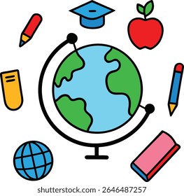 Ilustración de Arte vectorial de estilo doodle de suministro escolar de globo.