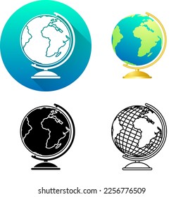 Globe Science Icon, Set of Flat Long Shadow, Color, Black-White Silhouette, Line Art Logo Icon Symbol Isolated on White Background for Science Medical