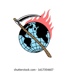 GLOBE AND SCYTHE IN FIRE COLOR WHITE BACKGROUND