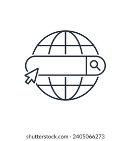 Globe and search bar with control arrow. Global search, contacts. Vector linear icon illustration isolated on white background.