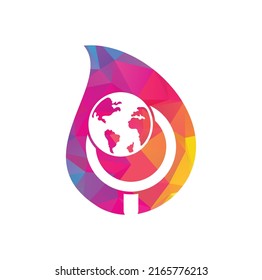Globe search drop shape concept logo vector icon. world and loupe logo combination. 