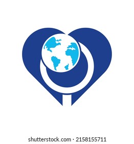 Globe search heart shape concept logo vector icon. world and loupe logo combination. Unique globe and search logotype design template.