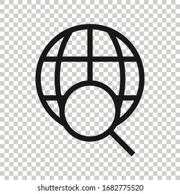 Globe search icon in flat style. Network navigation vector illustration on white isolated background. Global geography loupe business concept.