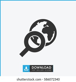 globe search icon. Simple filled globe search icon. On white background.