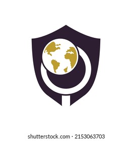 Icono vectorial del logotipo de búsqueda de globo. combinación de logotipo world y loupe. Plantilla única de diseño de globo y logotipo de búsqueda.