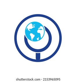 Globale Suche Logo, Vektorsymbol. Kombination aus Loupe und World Logo. Einzigartiges Design-Template für den Globus und Suchlogotyp.