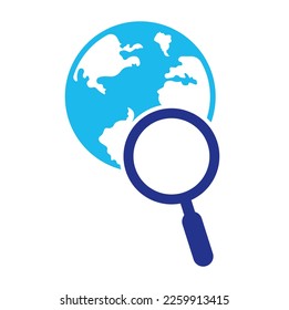 Icono vectorial del logotipo de búsqueda de globo. combinación de logotipo world y loupe.