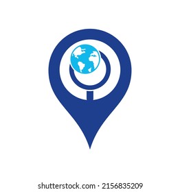 Globe search map pin shape concept logo vector icon. world and loupe logo combination. Unique globe and search logotype design template.