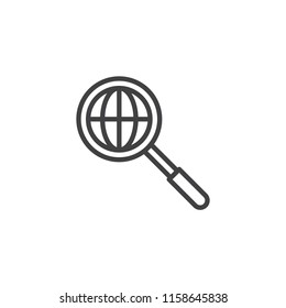 Globe search outline icon. linear style sign for mobile concept and web design. Magnifier glass with globe simple line vector icon. Symbol, logo illustration. Pixel perfect vector graphics