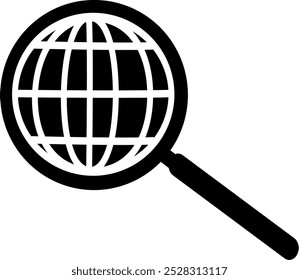 Globe search vector icon. Magnifier glass with globe icon. Replaceable vector design.