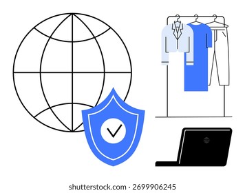 Globe, security badge with check mark, laptop, clothing on a rack. Ideal for online retail, e-commerce security, fashion industry, global trade cybersecurity virtual shopping clothing brands. Line