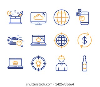 Globe, Seo internet and Online shopping icons simple set. Communication, Engineer and Idea signs. Creativity concept, Usd exchange and Cloud storage symbols. Line globe icon. Colorful set. Vector