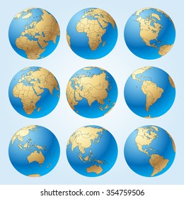 Globe Set With With Borders Of World Countries. Easy To Select Every Country And Delete Contour Of Borders. Vector Illustration