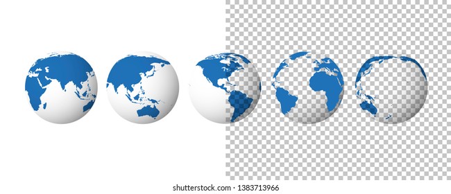Globe set. Earth transparent isolated background. 3d globe icons. Vector illustration