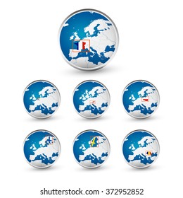 Globe set with EU countries World Map Location Part 3. All elements are separated in editable layers clearly labeled.
