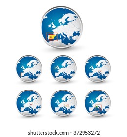 Globe set with EU countries World Map Location Part 1. All elements are separated in editable layers clearly labeled.