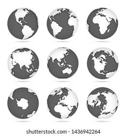 Globe set gray and white, vector icons Earth with outline continents. White continent and gray water. Vector illustration
