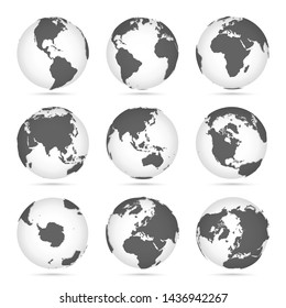 Globe set gray and white, vector icons Earth with outline continents. Gray continent and white water. Vector illustration