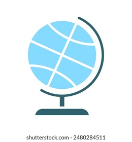 Icono de conjunto de globo. Globo azul, soporte negro, mapa del mundo, geografía, Tierra, global, viajes, educación, internacional, navegación, exploración.