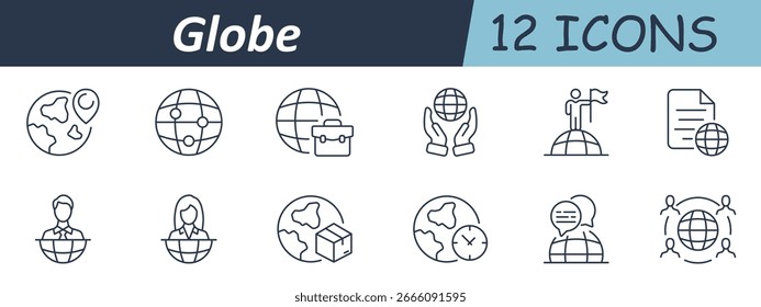 Icono de conjunto de globo. Rejilla de la tierra, ubicación del perno, envío del paquete, hora global, identificador de la persona, anillo de comunicación, tomados de la mano, globo del documento, y visual del negocio mundial