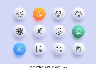 Icono de conjunto de globos. Geolocalización, navegador, noticias, corresponsal, Internet, correspondencia, portafolio, ecología, tecnología, redes neuronales. Estilo neomorfista. Icono de línea de vector para empresas