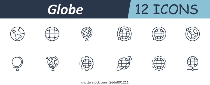 Globe set icon. Linear icons display Earth, globes on stands, networked globes, rotating lines, gear integration, and global connection representations