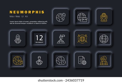 Globe set icon. Reporting, delivery around the world, heads of countries, meeting, time zone, world discussions, travel, articles, documents. Neomorphism style. Vector line icon