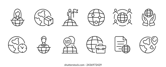 Icono de conjunto de globo. Informes, entrega en todo el mundo, jefes de países, reunión, zona horaria, discusiones mundiales, viajes, artículos, documentos. Icono de línea vectorial sobre fondo blanco.