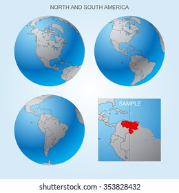 Globe set with North and South America with borders of countries. Easy to select every country and delete contour of borders. Vector illustration