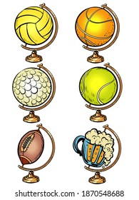 Globe set sports balls basketball soccer Golf tennis volleyball and beer comics illustration drawing