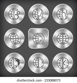 Globe set. Vector round and square steel buttons.