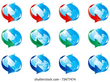 Globe set. Vector set of twelve globes with red, green and blue arrows.