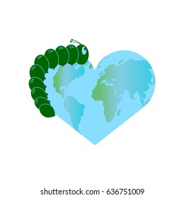 A globe in the shape of a heart. World environment day. The green caterpillar crawls across the globe. Insect.