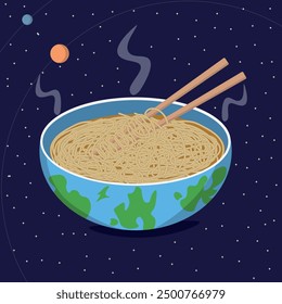 Globe shaped bowl of noodles with galaxy background
