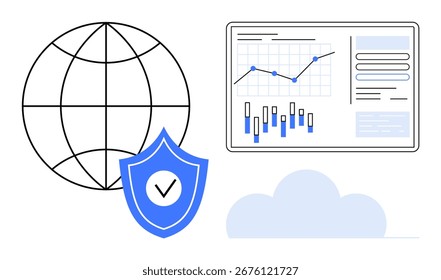 Globe with shield, data analytics display showing graphs and charts, and cloud icon. Ideal for cybersecurity, data analysis, cloud computing, global networks, IT infrastructure, business analytics