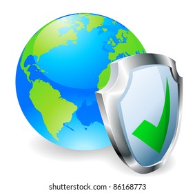 Globe with shield icon with green tick. Concept for internet security or antivirus or firewall etc.