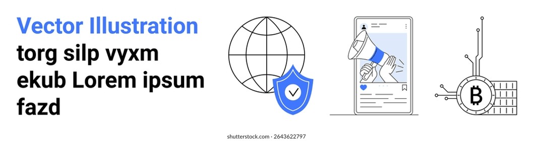 Globe with shield icon, megaphone on mobile screen, Bitcoin and circuit. Ideal for digital marketing, cybersecurity, fintech, blockchain, online advertising, tech startups, educational content