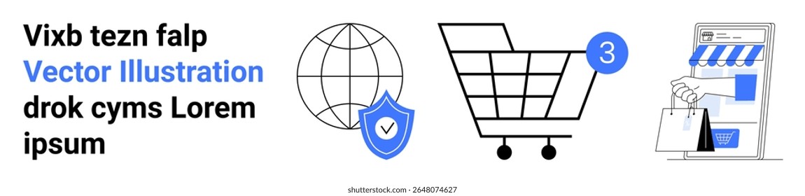 Globe with a shield, shopping cart with notification, and storefront with a shopping bag. Ideal for e-commerce, online security, internet shopping, digital marketing, retail strategies, consumer