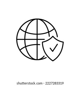 Globe with Shield sign, Internet, el icono vector de concepto de seguridad de red en el diseño de estilo de línea para el diseño de sitios web, aplicación, interfaz de usuario, aislado en fondo blanco. Trazo editable. Ilustración vectorial EPS 10.