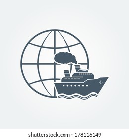 Globe and ship travel icon