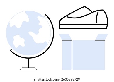 Globe and shoe on an open box representing international trade and global distribution. Ideal for e-commerce, shipping logistics, global business expansion, product supply chain, online marketing