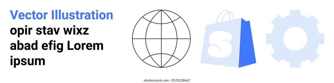 Globe, shopping bag, and gear symbols next to placeholder text. Ideal for e-commerce, global business, online shopping, technology, and marketing themes. Landing page