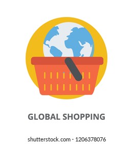 
Globe in shopping basket denoting icon for global shopping 
