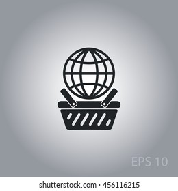 globe in shopping basket, vector icon